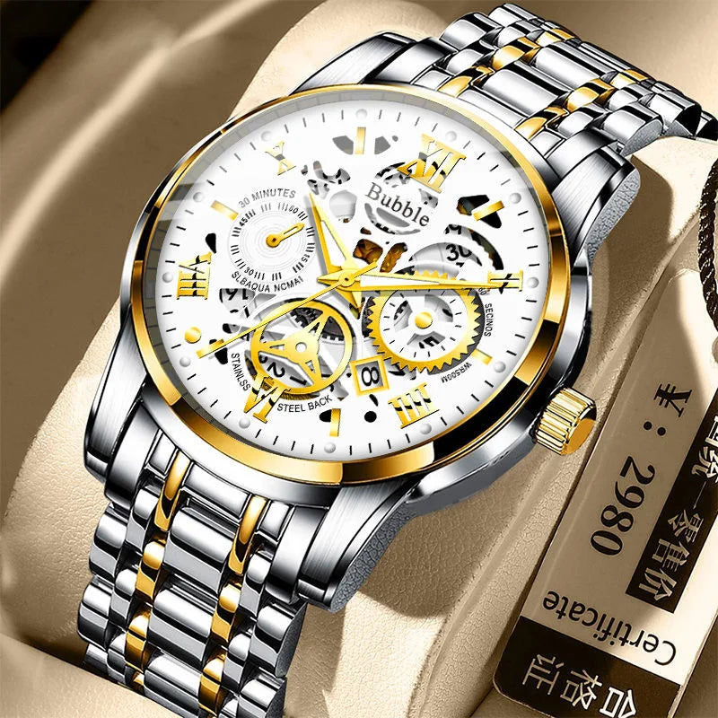 Men's Trendy High End Light Luxury Versatile Quartz Wristwatches Waterproof Roman Hollow Male's Clock Watch