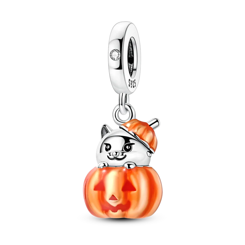 2026 Halloween Skull Charms Bead 925 Sterling Silver Sparkling Zircon Pumpkin Head Dangle Fit Bracelet DIY Jewelry Holiday Gift