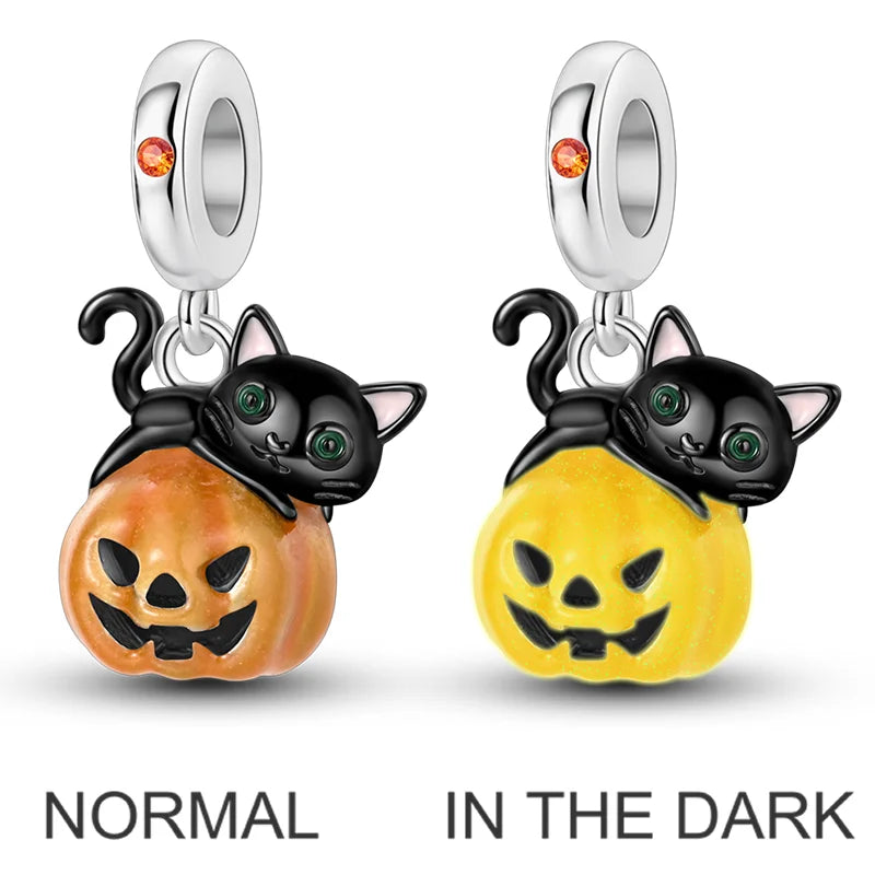 2026 Halloween Skull Charms Bead 925 Sterling Silver Sparkling Zircon Pumpkin Head Dangle Fit Bracelet DIY Jewelry Holiday Gift