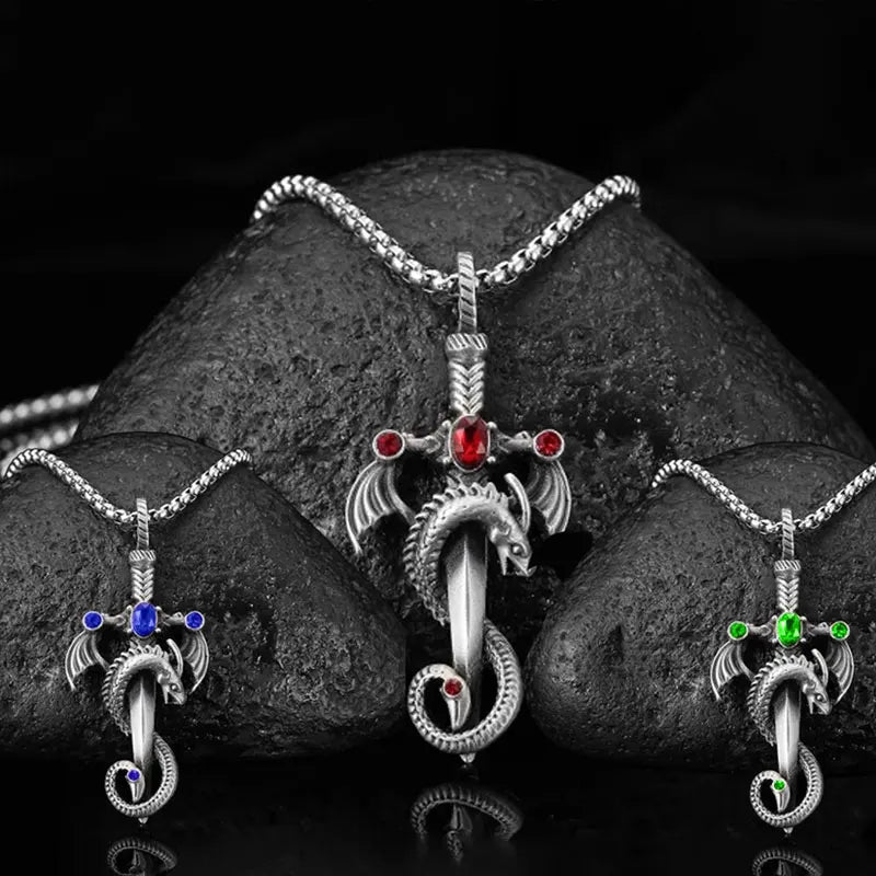 Vintage imitation gemstone dragon sword pendant necklace accessories stainless steel chain party birthday gift amulet