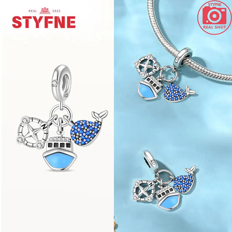 925 Sterling Silver Ocean Series Blue Turtle Starfish Shell Fit Original Bracelet Charms for Women diy Fine Jewelry Gifts