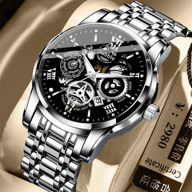 Men's Trendy High End Light Luxury Versatile Quartz Wristwatches Waterproof Roman Hollow Male's Clock Watch