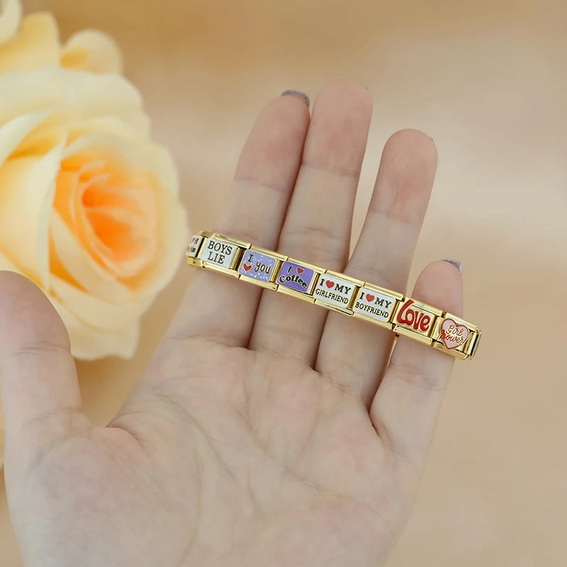 Hapiship Drop Shipping I Love Heart Golden Italian Charm Links Fit 9mm Stainless Steel Bracelet Wholesale Jewelry DJ1404-B