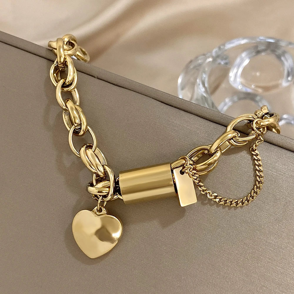 Heart Locket Stainless Steel Charm Bracelet Chunky Gold Plated