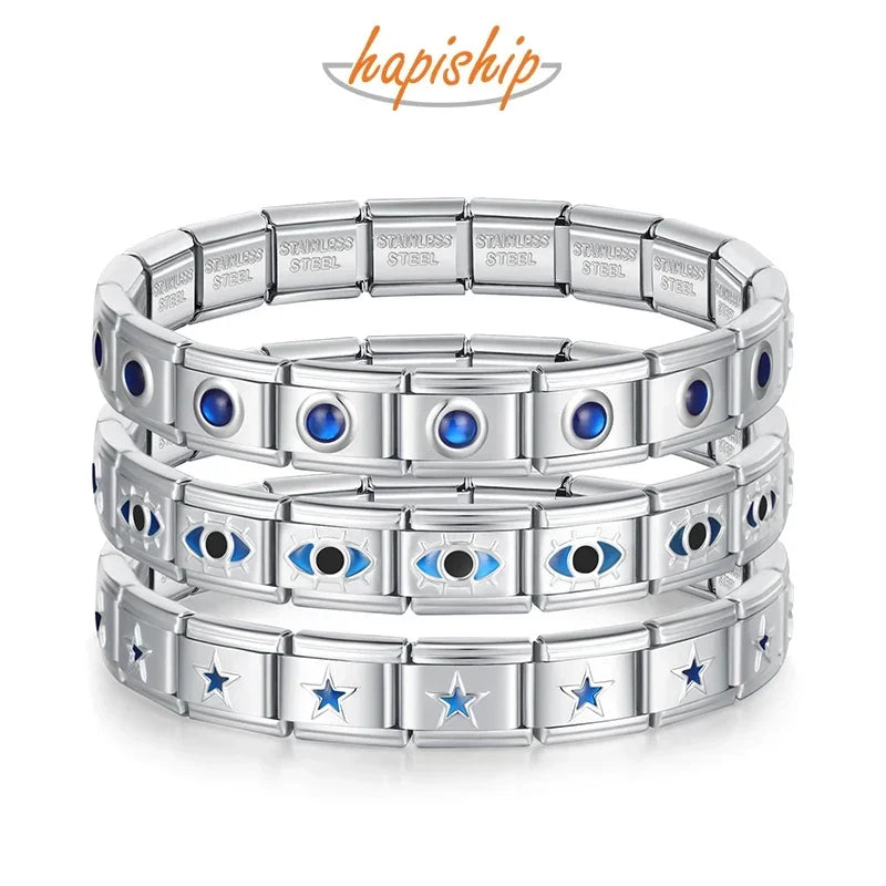 Blue Heart Round STAR Italian Charm Bracelet Fashion Stainless Steel Bangle