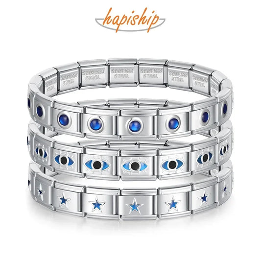 Blue Heart Round STAR Italian Charm Bracelet Fashion Stainless Steel Bangle