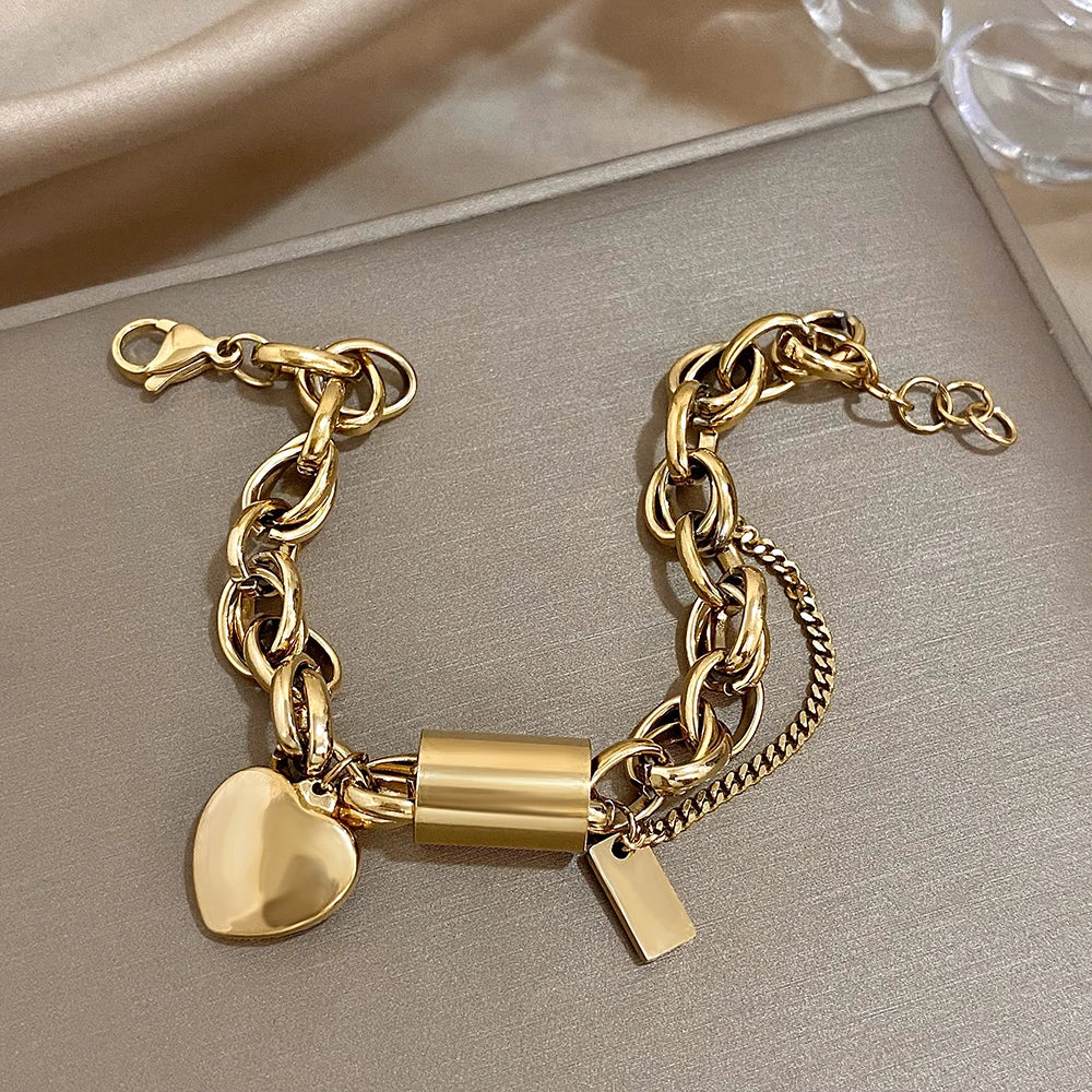 Heart Locket Stainless Steel Charm Bracelet Chunky Gold Plated