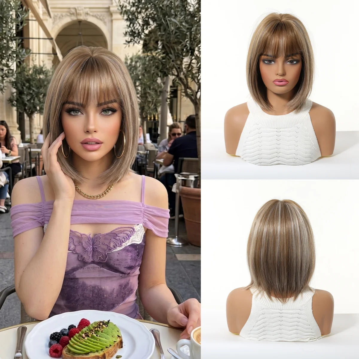 ALAN EATON Short Ombre Brown Synthetic Natural Bob Straight Wigs with Bang for Women Party Daily Use Heat Resistant Fiber