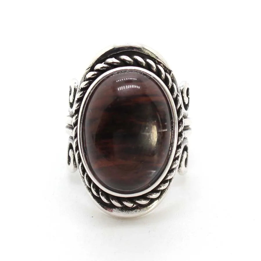 Vintage Crystal Oval Stone Rings For Men Women Natural Rose Quartz Amethyst Onyx Agate Gemstone Adjustable Finger Ring Jewelry