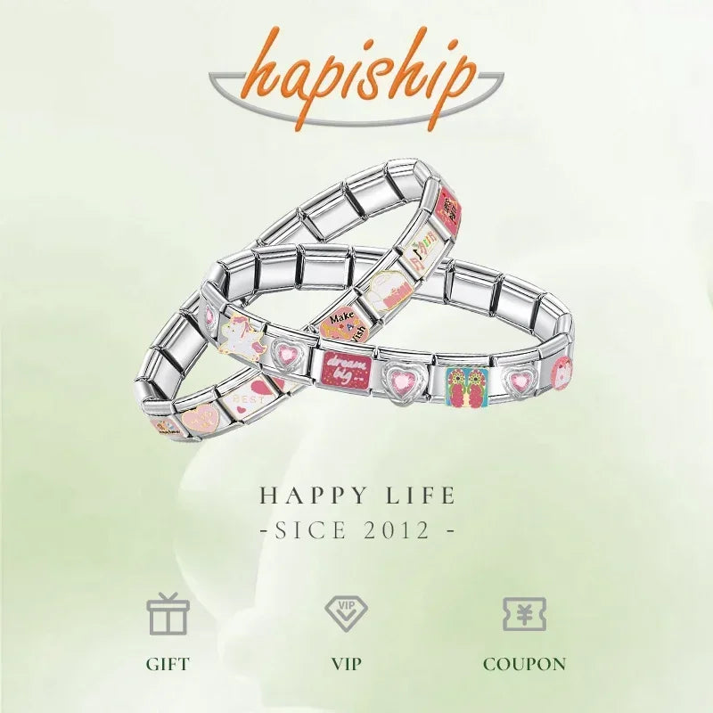 Hapiship Drop Shipping I Love Heart Golden Italian Charm Links Fit 9mm Stainless Steel Bracelet Wholesale Jewelry DJ1404-B