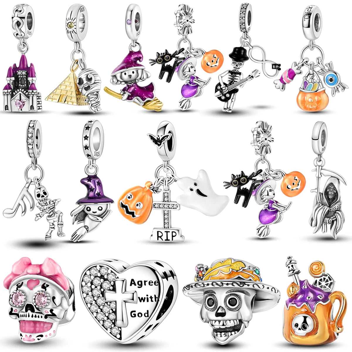 2026 Halloween Skull Charms Bead 925 Sterling Silver Sparkling Zircon Pumpkin Head Dangle Fit Bracelet DIY Jewelry Holiday Gift