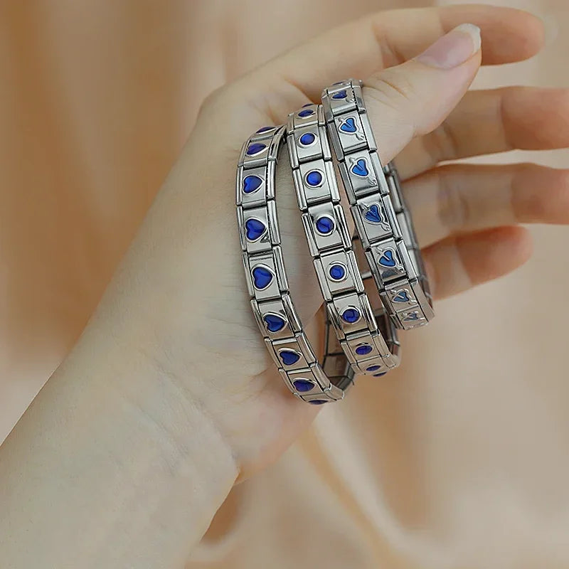 Blue Heart Round STAR Italian Charm Bracelet Fashion Stainless Steel Bangle