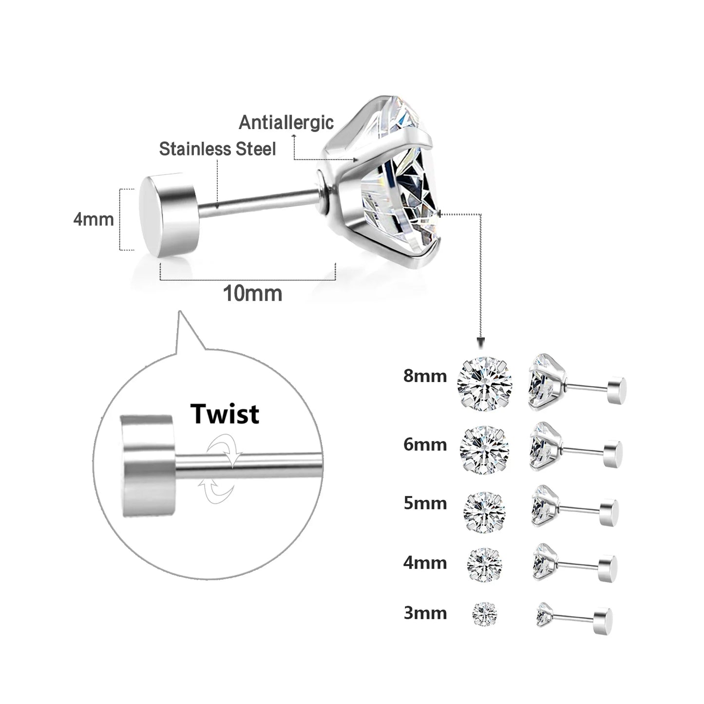 LUXUSTEEL 2Pcs Men's Crystal Zircon Studs Earrings For Women 316L Stainless Steel Cartilage Piercing Ear Anti Allergic 3-8mm