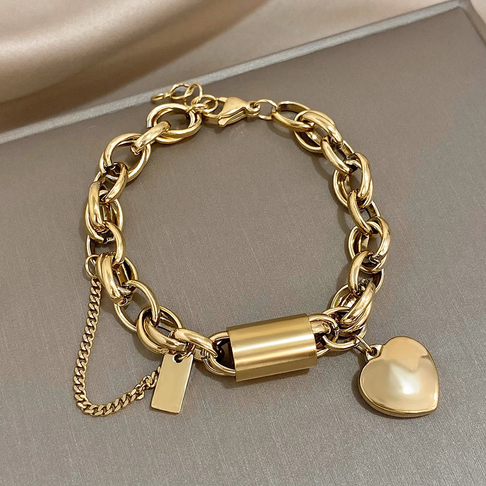 Heart Locket Stainless Steel Charm Bracelet Chunky Gold Plated