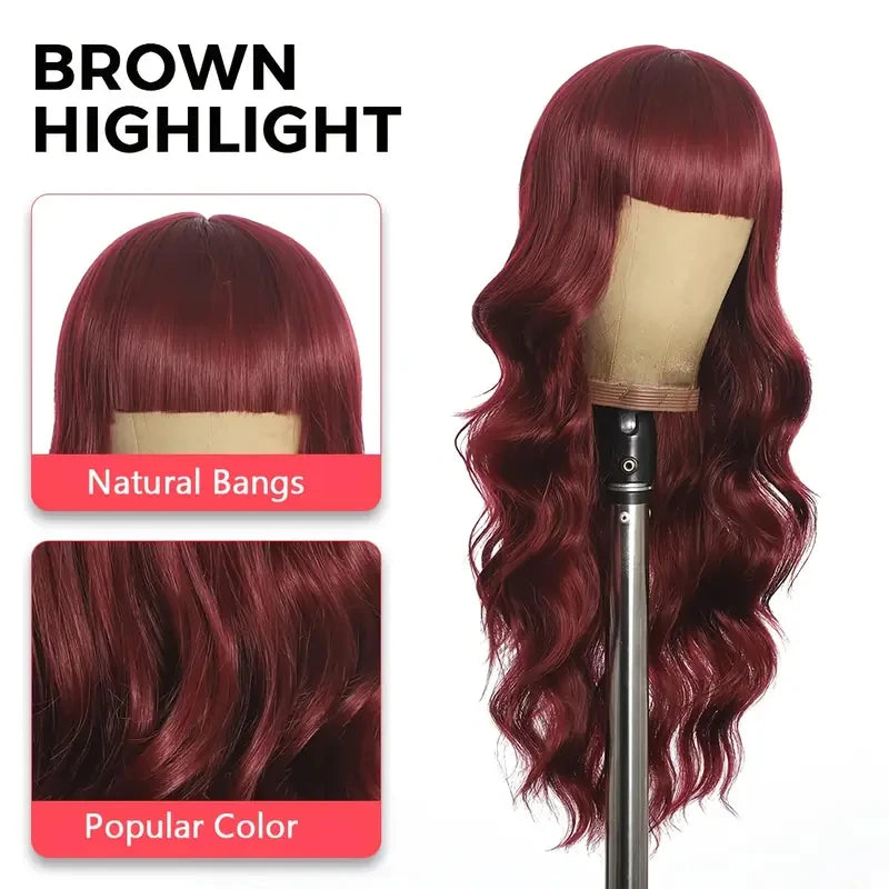 Red Wine Color Synthetic Wig with Long Curly Hair and Bangs for Daily Party Use. Made of High-Temperature Hair Fiber.