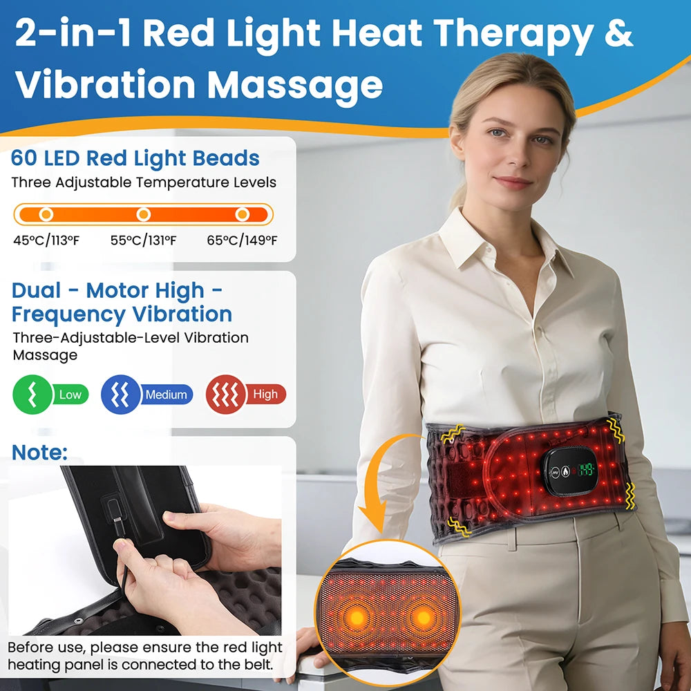 LED Red Light Massaging Heating Inflatable Waist Belt with Airbag Support for Back Pain Relief 3 Heating & Vibration Massage