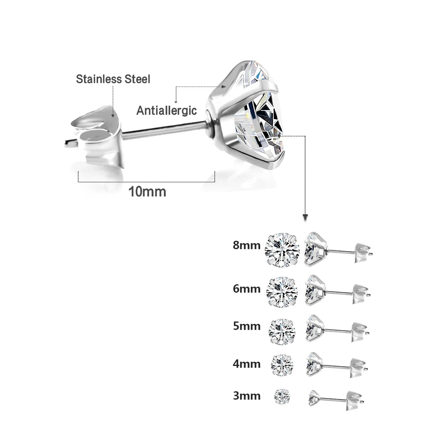 LUXUSTEEL 2Pcs Men's Crystal Zircon Studs Earrings For Women 316L Stainless Steel Cartilage Piercing Ear Anti Allergic 3-8mm