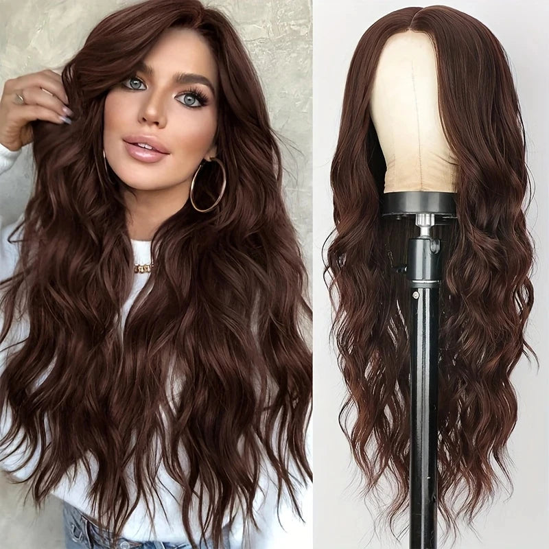 Red Wine Color Synthetic Wig with Long Curly Hair and Bangs for Daily Party Use. Made of High-Temperature Hair Fiber.