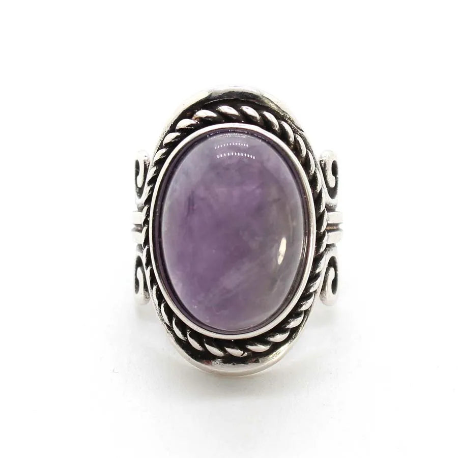 Vintage Crystal Oval Stone Rings For Men Women Natural Rose Quartz Amethyst Onyx Agate Gemstone Adjustable Finger Ring Jewelry