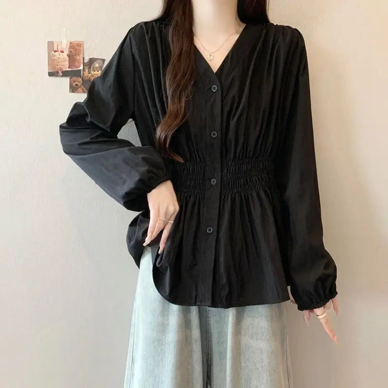 Plus Size Elastic Waist Trend Shirt And Blouse Solid Color Top Women Clothing V-neck French Chic Basics