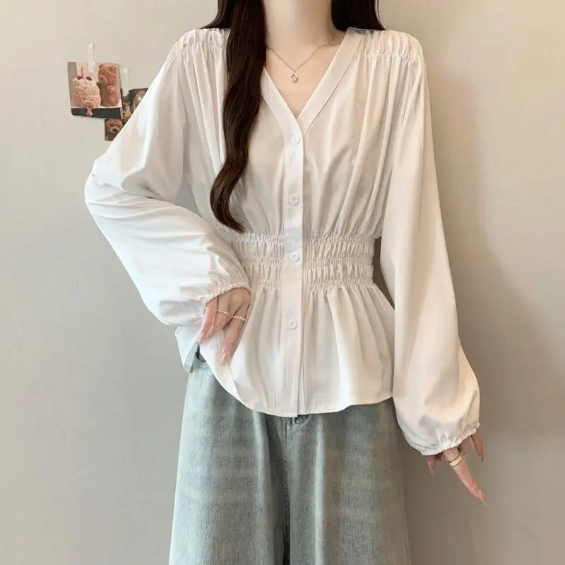Plus Size Elastic Waist Trend Shirt And Blouse Solid Color Top Women Clothing V-neck French Chic Basics