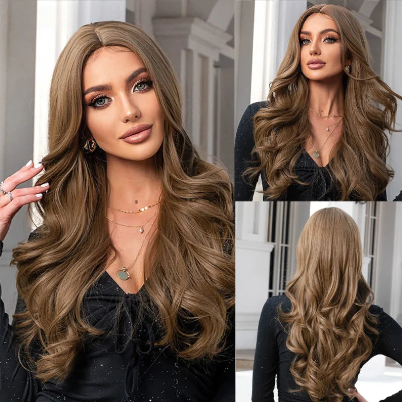 ALAN EATON Rose Gold Blonde Wig With Bangs Ombre Long Body Wave Synthetic Hair Heat Resistant Fiber Natural Looking Party Wigs