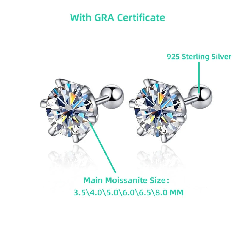 TY 0.3-2CT Moissanite Earrings 925 Sterling Silver Round Cut Stud Earrings Piercing Earrings for Men and Women Fine Jewelry