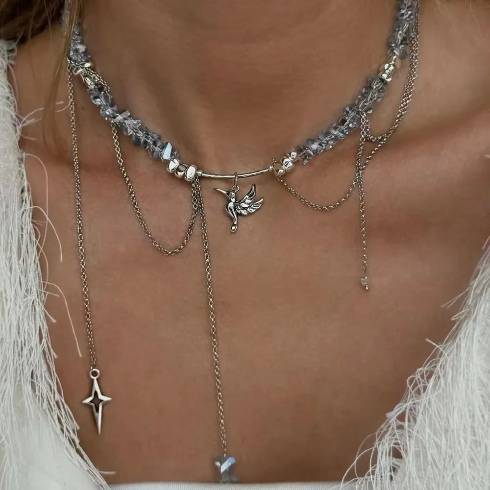 Elegant Multilayer Tassel Chain Pendant Necklace For Women Vintage Creative Natural Blue Stone Chocker Necklace Wedding Jewelry