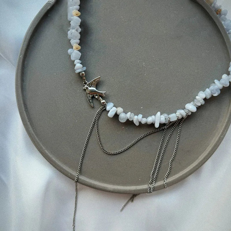 Elegant Multilayer Tassel Chain Pendant Necklace For Women Vintage Creative Natural Blue Stone Chocker Necklace Wedding Jewelry
