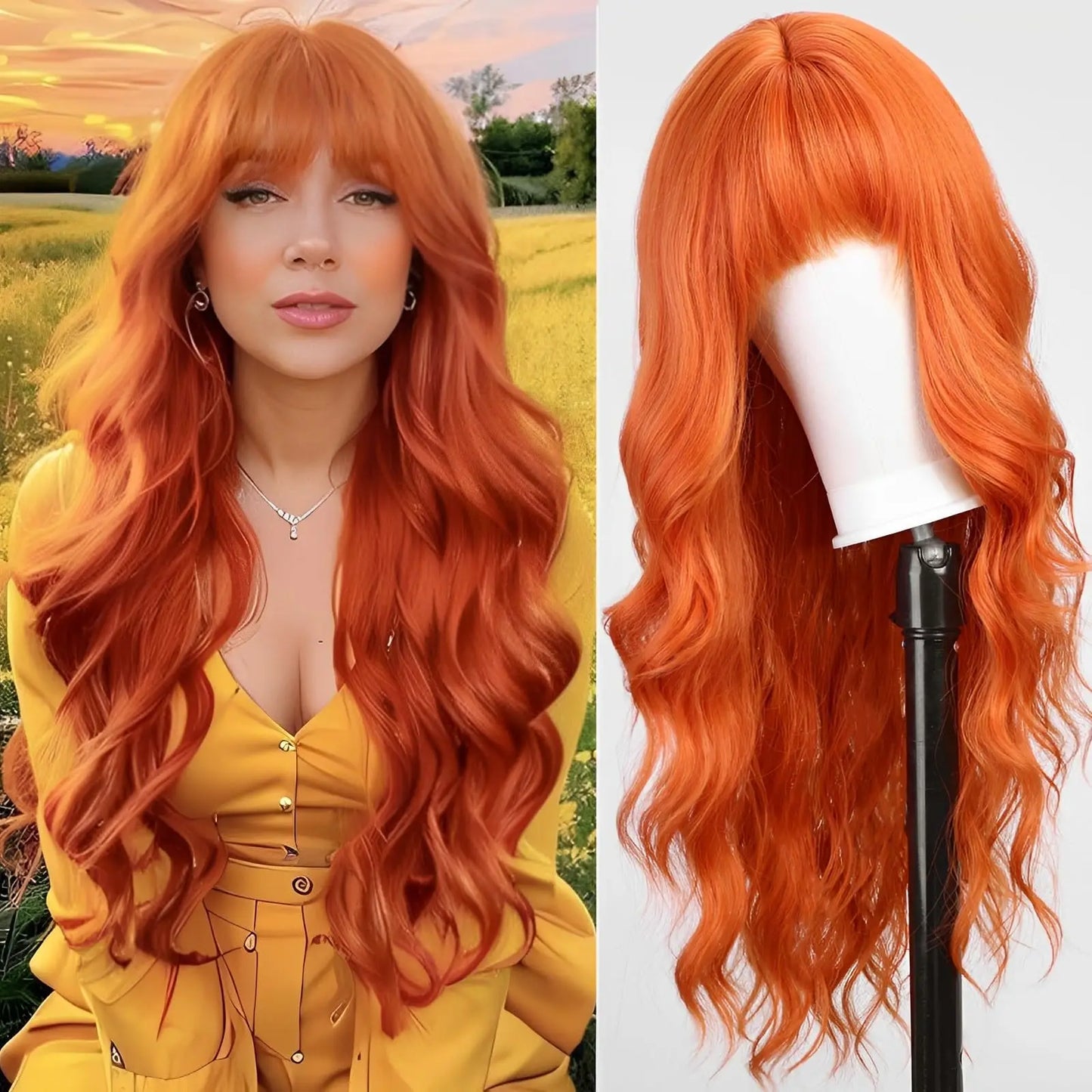 Red Wine Color Synthetic Wig with Long Curly Hair and Bangs for Daily Party Use. Made of High-Temperature Hair Fiber.