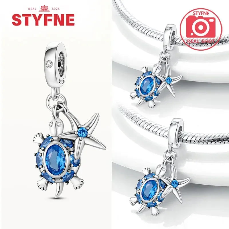 925 Sterling Silver Ocean Series Blue Turtle Starfish Shell Fit Original Bracelet Charms for Women diy Fine Jewelry Gifts