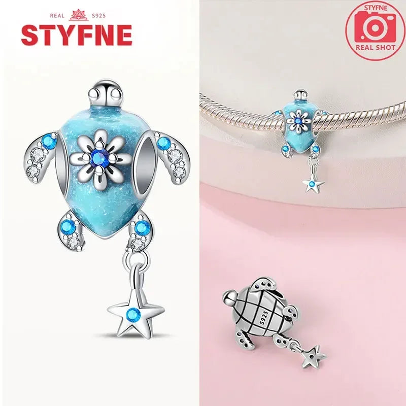 925 Sterling Silver Ocean Series Blue Turtle Starfish Shell Fit Original Bracelet Charms for Women diy Fine Jewelry Gifts