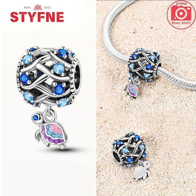 925 Sterling Silver Ocean Series Blue Turtle Starfish Shell Fit Original Bracelet Charms for Women diy Fine Jewelry Gifts