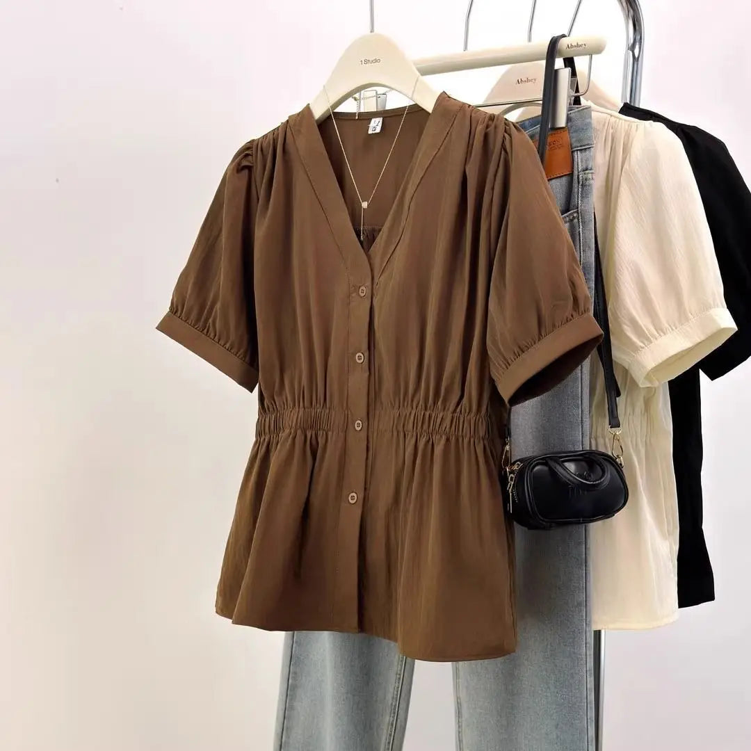 Plus Size Elastic Waist Trend Shirt And Blouse Solid Color Top Women Clothing V-neck French Chic Basics