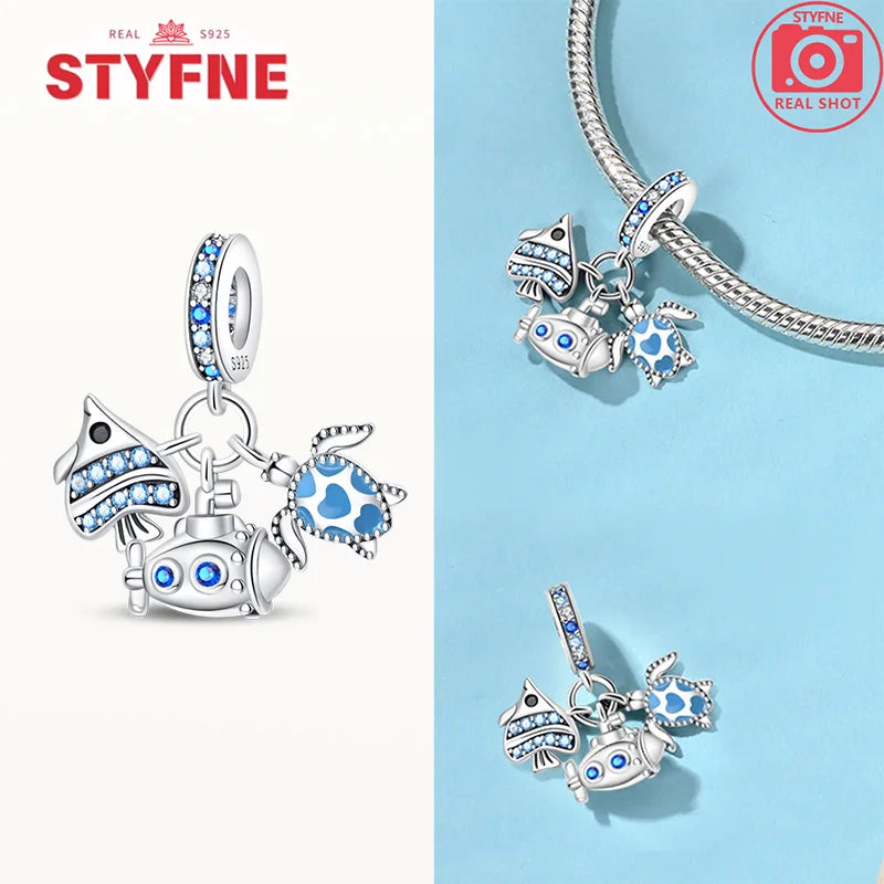 925 Sterling Silver Ocean Series Blue Turtle Starfish Shell Fit Original Bracelet Charms for Women diy Fine Jewelry Gifts