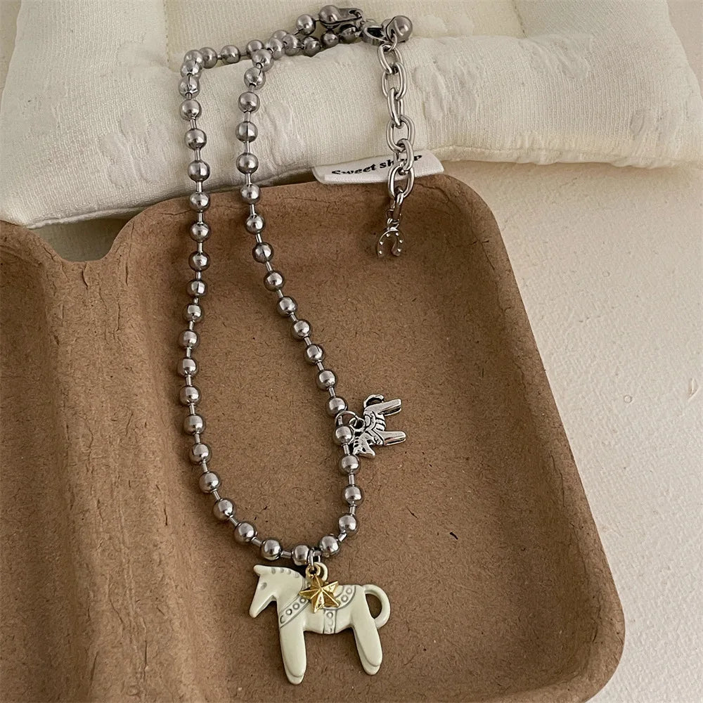 White Black Green Blue Pink Color Enamel Colt Horse Pendant Necklaces for Women Silver Plated Alloy Beads Chain Chokers