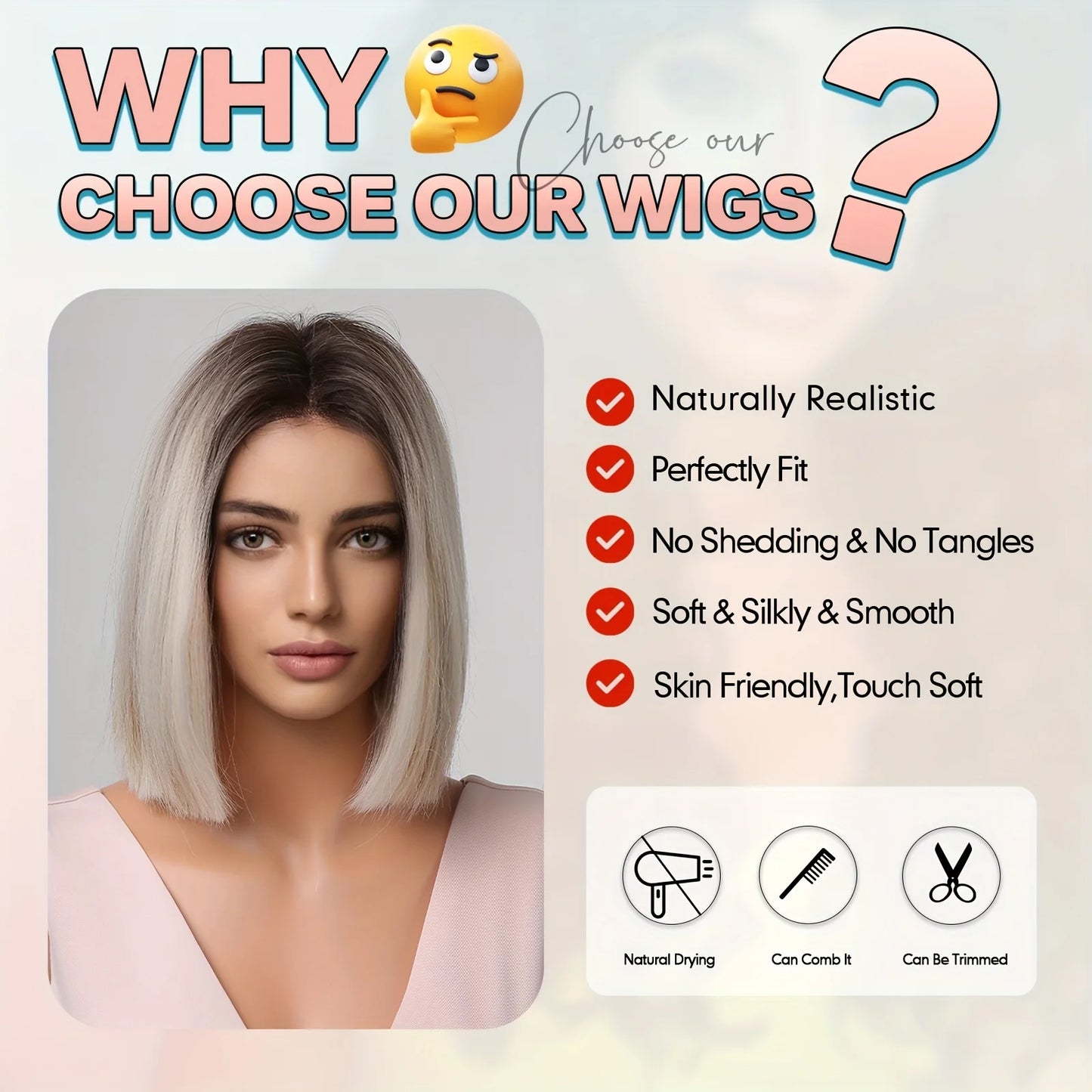 Platinum Blonde Ombre Middle Part Short Straight Bob Synthetic Wig for Women Heat Resistant Hair for Daily Party Cosplay
