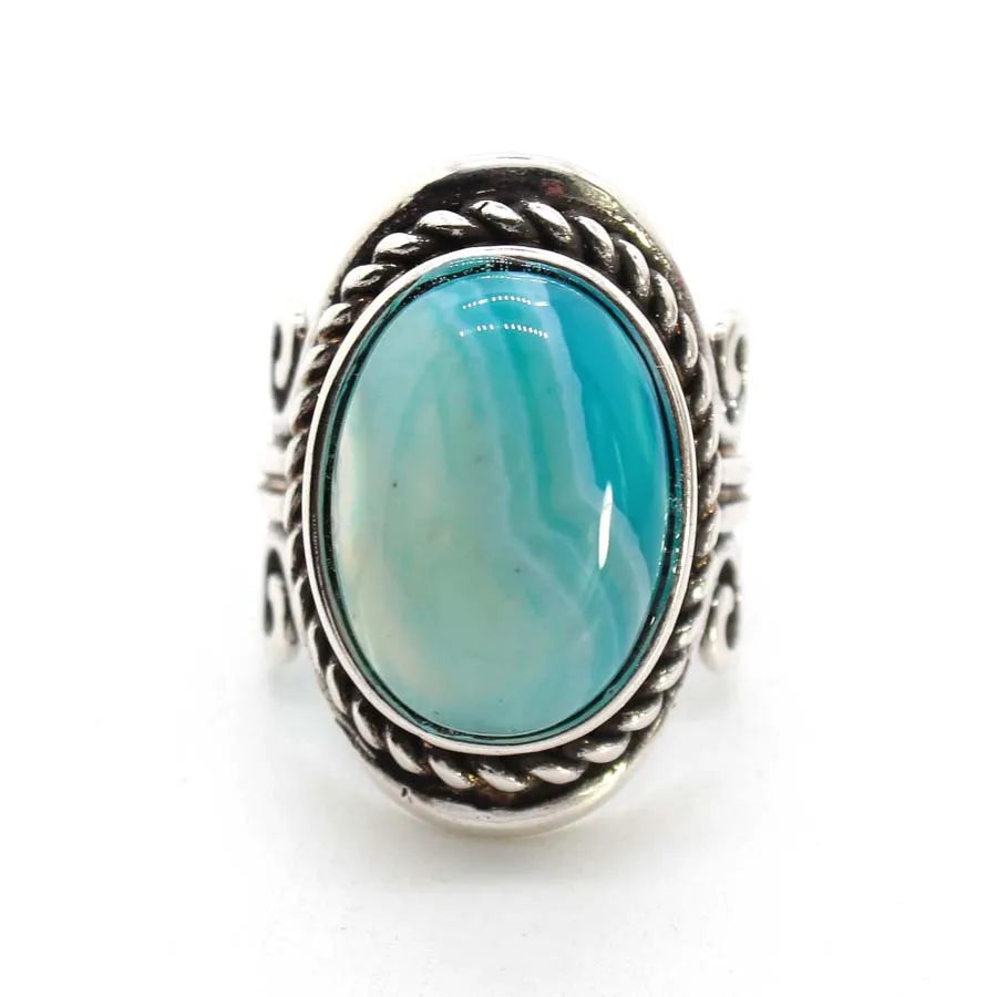 Vintage Crystal Oval Stone Rings For Men Women Natural Rose Quartz Amethyst Onyx Agate Gemstone Adjustable Finger Ring Jewelry