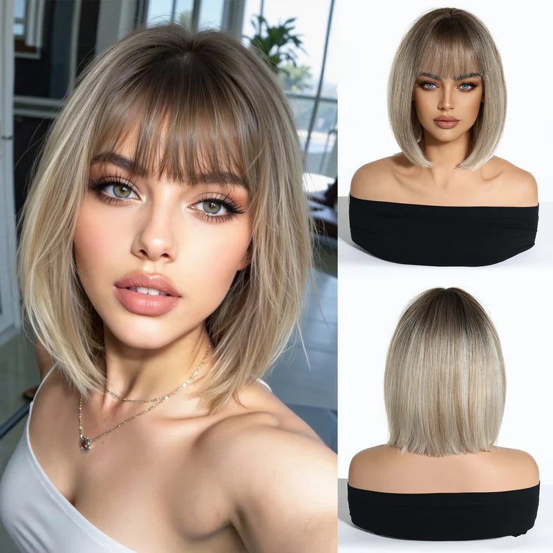 Platinum Blonde Ombre Middle Part Short Straight Bob Synthetic Wig for Women Heat Resistant Hair for Daily Party Cosplay