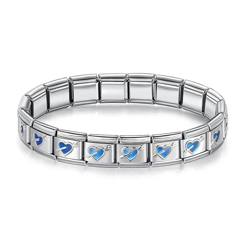 Blue Heart Round STAR Italian Charm Bracelet Fashion Stainless Steel Bangle