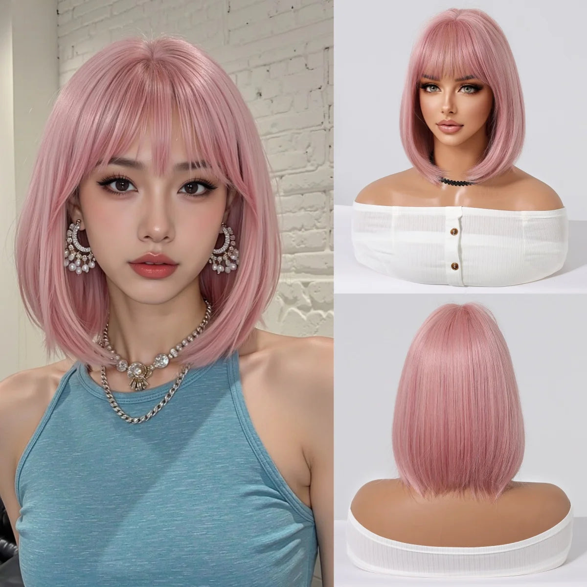 ALAN EATON Short Ombre Brown Synthetic Natural Bob Straight Wigs with Bang for Women Party Daily Use Heat Resistant Fiber