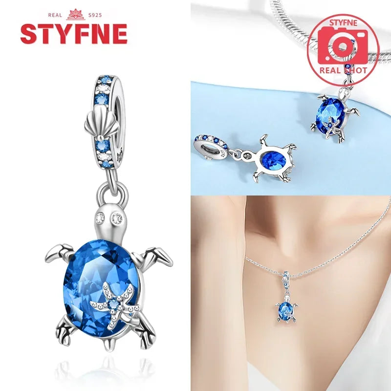 925 Sterling Silver Ocean Series Blue Turtle Starfish Shell Fit Original Bracelet Charms for Women diy Fine Jewelry Gifts