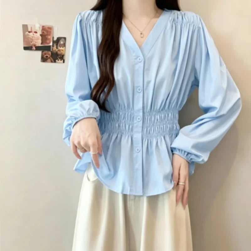 Plus Size Elastic Waist Trend Shirt And Blouse Solid Color Top Women Clothing V-neck French Chic Basics