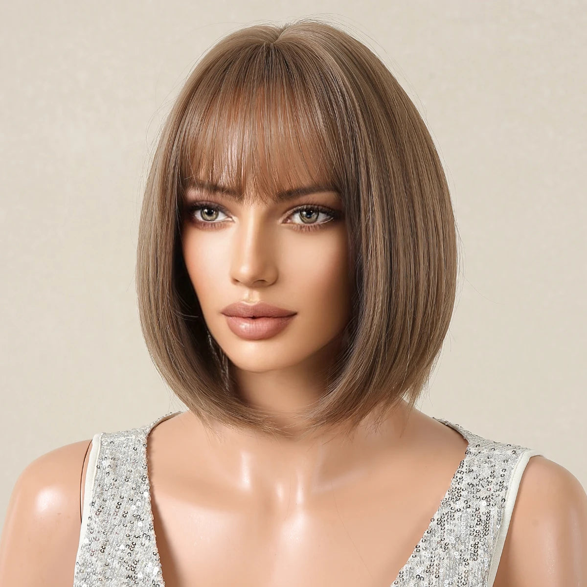 ALAN EATON Short Ombre Brown Synthetic Natural Bob Straight Wigs with Bang for Women Party Daily Use Heat Resistant Fiber