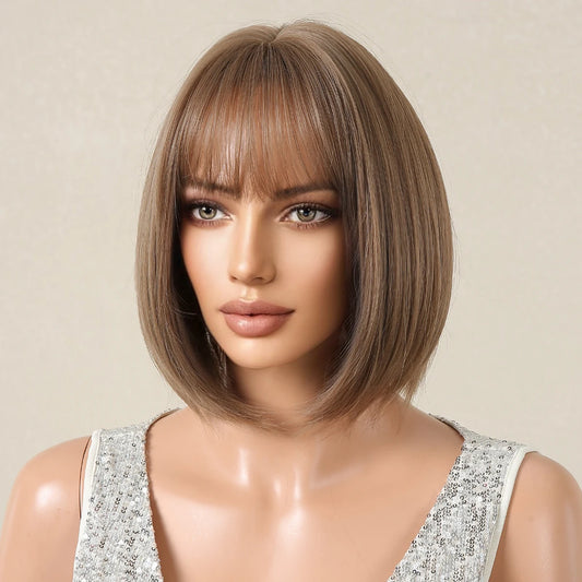 ALAN EATON Short Ombre Brown Synthetic Natural Bob Straight Wigs with Bang for Women Party Daily Use Heat Resistant Fiber