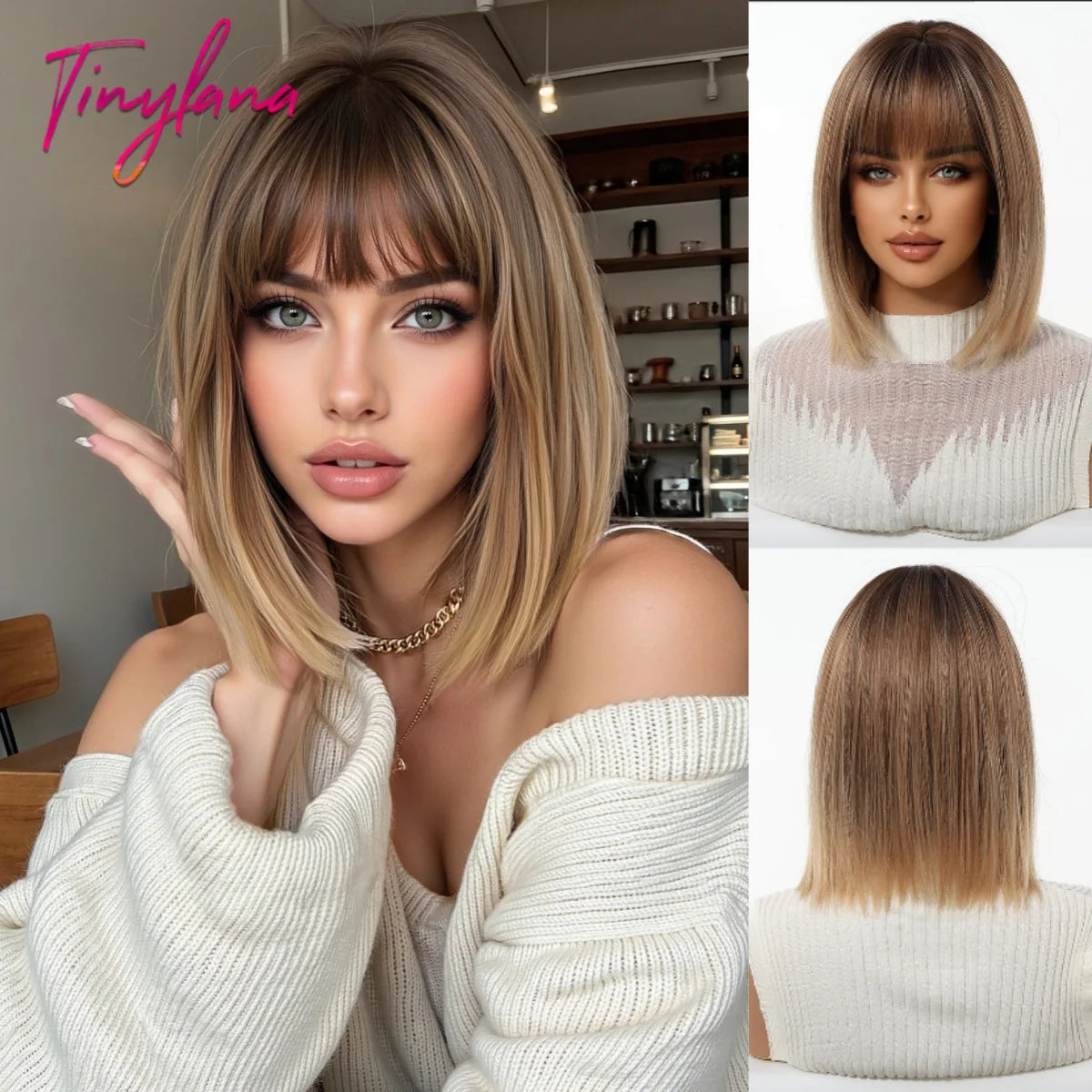 Platinum Blonde Ombre Middle Part Short Straight Bob Synthetic Wig for Women Heat Resistant Hair for Daily Party Cosplay