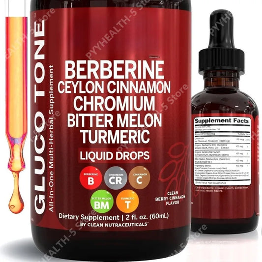Berberine with Ceylon Cinnamon Supplement Liquid Drops + Bitter Melon Extract, Glucomannan, Gymnema, Chromium, Turmeric 60ml