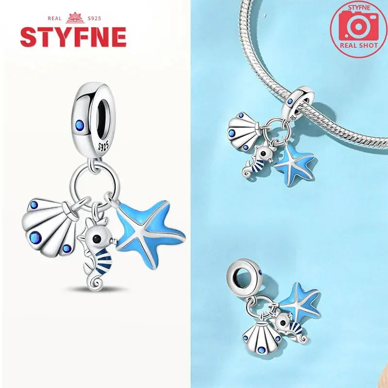 925 Sterling Silver Ocean Series Blue Turtle Starfish Shell Fit Original Bracelet Charms for Women diy Fine Jewelry Gifts